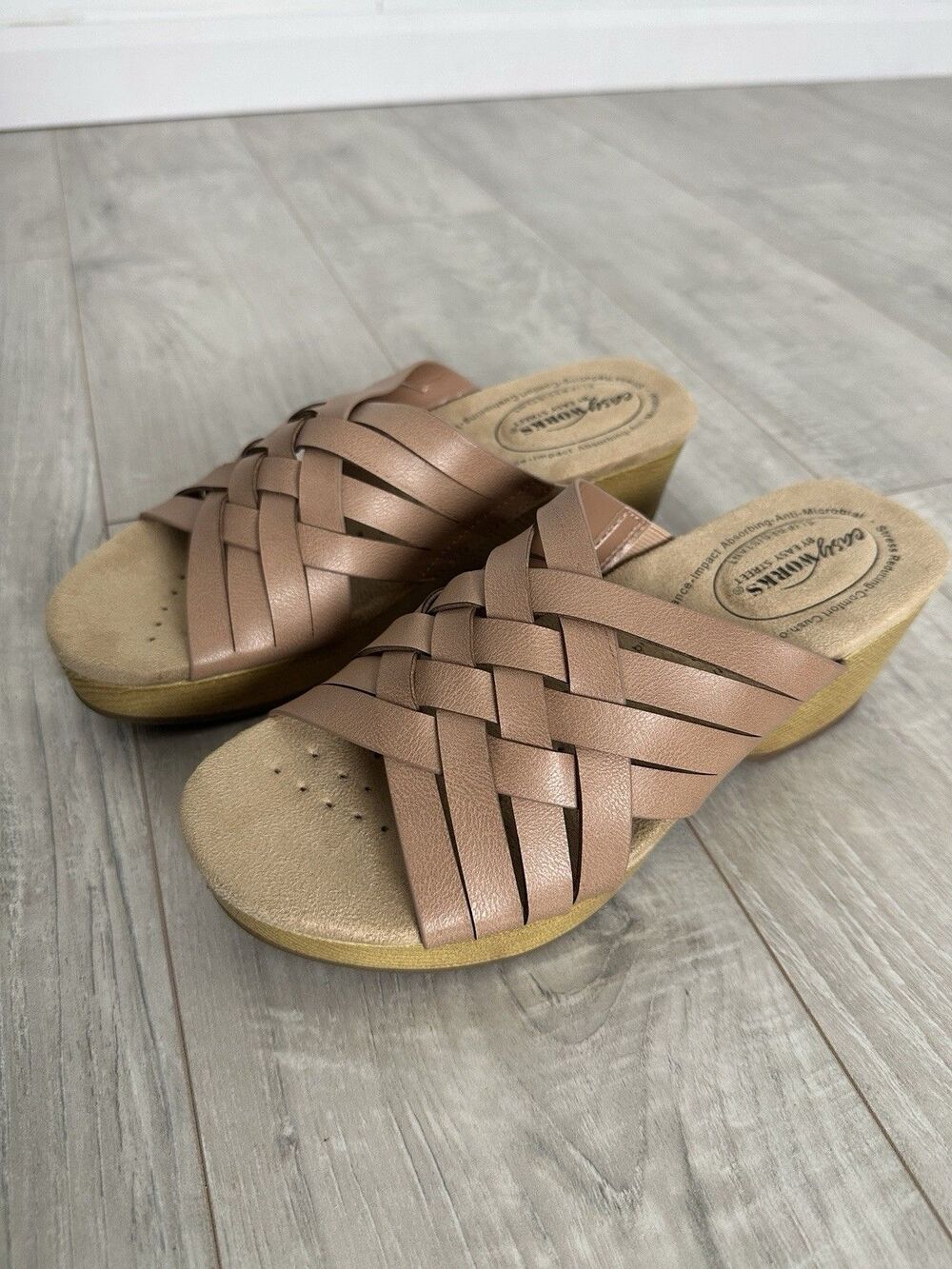 Easy Works by Easy Street Women's Wedge Sandals Rosanna Nude Slip On Shoes 7M